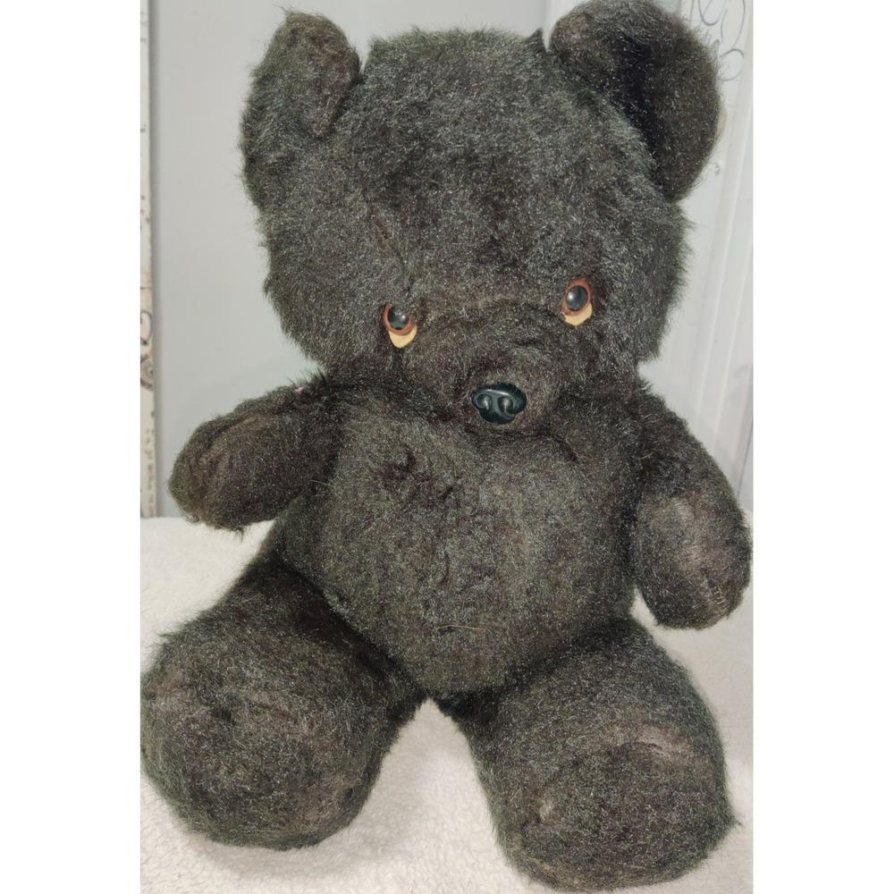 20" Vintage Black Teddy Bear Brown Eyes Plush Stuffed Animal